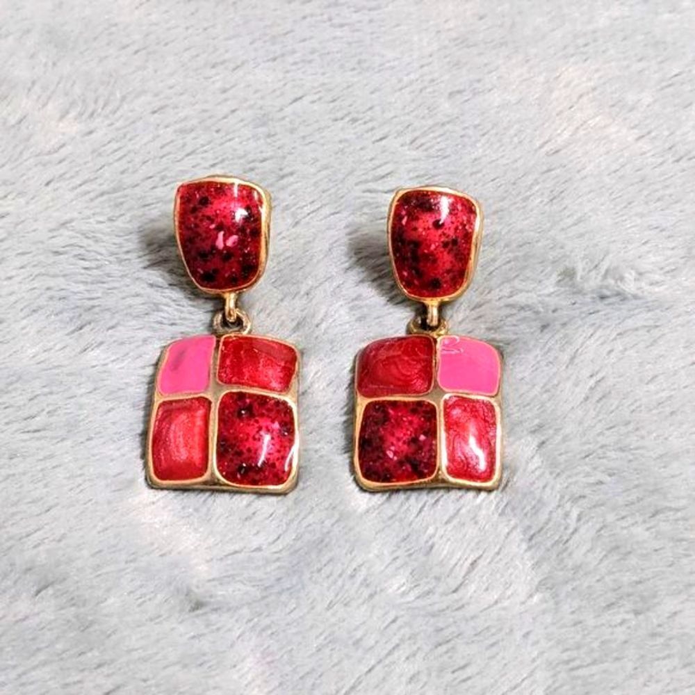 Vintage 1980's Pink & Gold Square Enamel Pierced Earrings